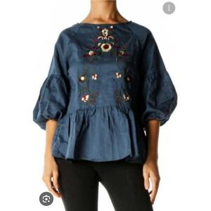 Hidden Alley Embroidered Blouse Sz S Blue Ballon Sleeve Linen Blend Boho‎ Top